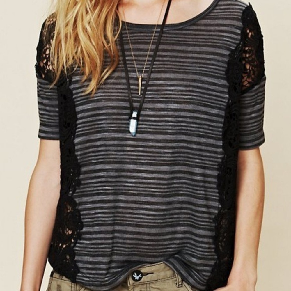 We the Free | Black & Grey Striped Top w/ Crochet